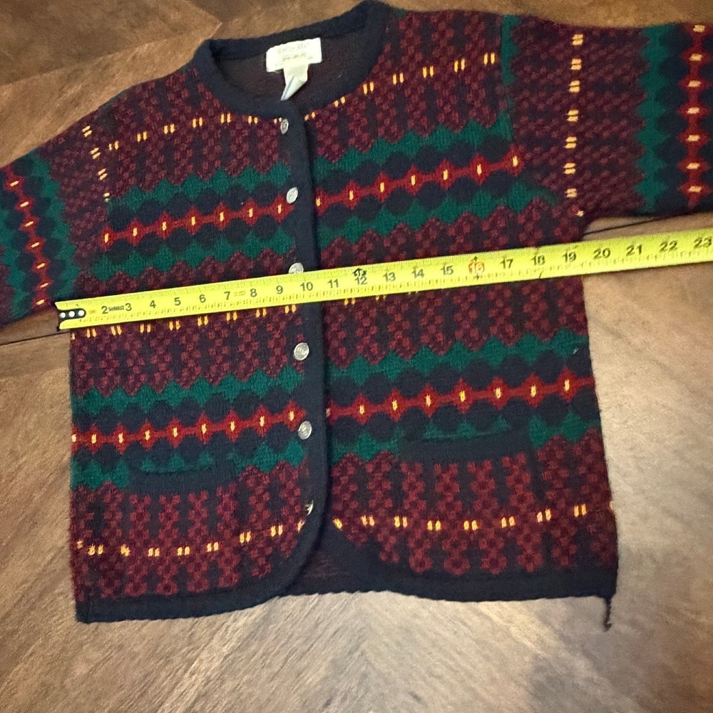 Tally-Ho Vintage Geometric Fair Isle Cardigan Sweater Burgundy Green Navy Small - Picture 6 of 6